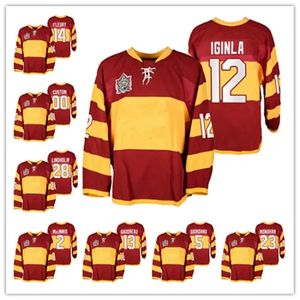 Custom Heritage Classic 2011 Vintage Hockey 12 Jarome Iginla Jerseys Al MacInnis Sean Monahan Elias Lindholm Johnny Gaudreau Warm-Up Hockey Jerseys Uw naamnummer