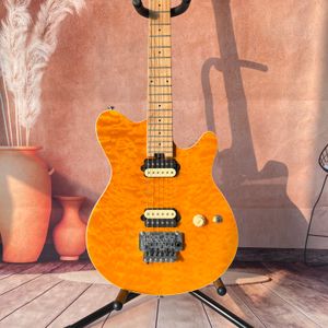 Guitarra eléctrica personalizada de alta calidad, cuerpo de caoba de 6 cuerdas con tapa de arce, pastillas de doble tono, puente Floyd Rose