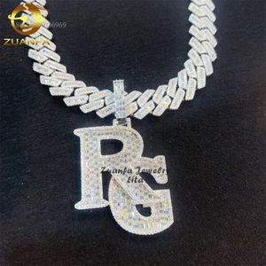 Bijoux Hip Hop personnalisés haut de gamme scintillant en argent Sterling, Baguette glacée, pendentif lettre Moissanite