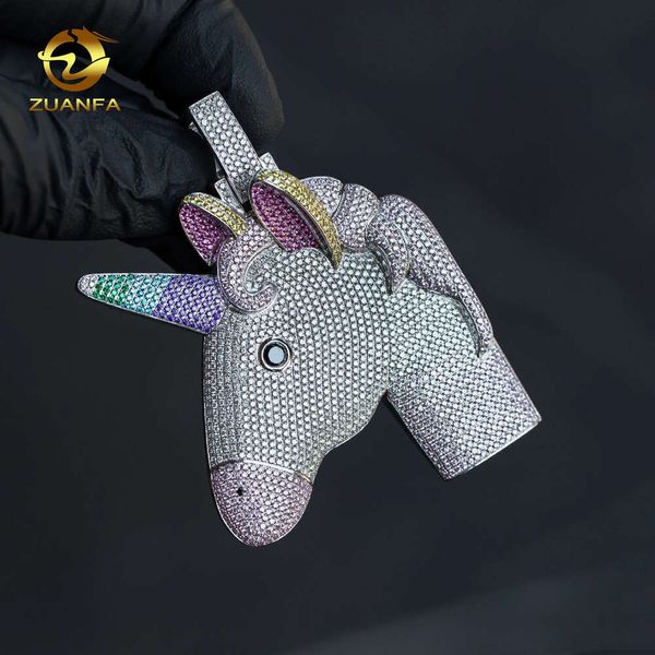 Joyería personalizada de Hip Hop, colgante de unicornio de la suerte Aaaaa+ Cz Charm, colgante de plata 925 para niños, mujeres y hombres