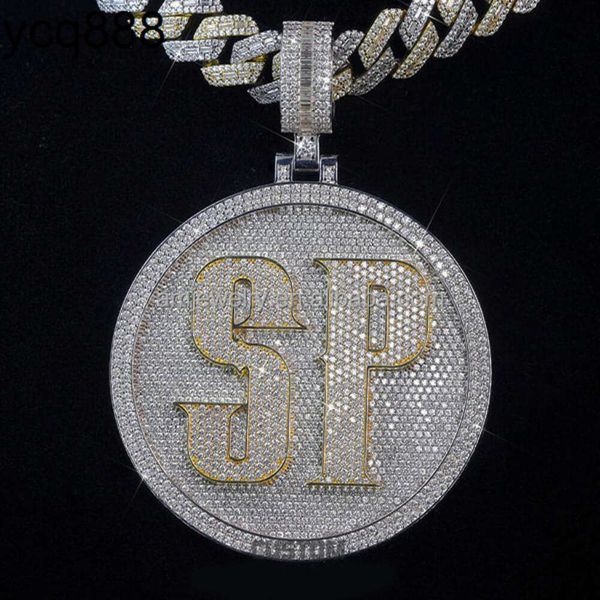 Bijoux Hip Hop personnalisés, plaque ronde plaquée or 18 carats, pendentif couleur d Vvs Moissanite glacé, lettre nom numéro