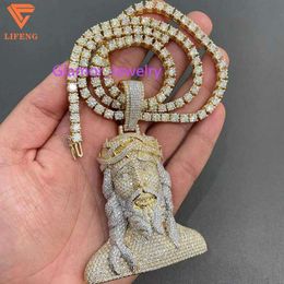 Aangepaste hip hop heren sieraden Vvs Moissanite Iced Out Jesus Sterling Sier Gold Rapper hanger Necklacemoissanite Set met diamanten