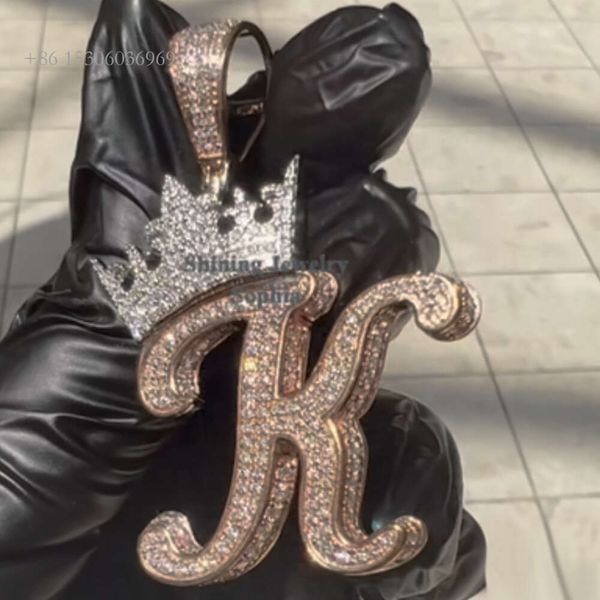 Bijoux de rappeur Hip Hop personnalisés, couronne K initiale, Baguette glacée, pendentif lettre Moissanite