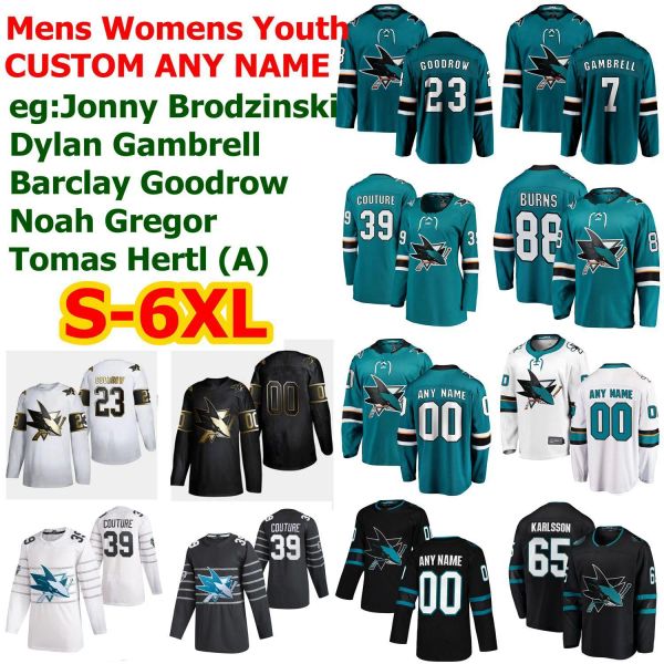 Jersey de hockey personalizado hombres mujeres jóvenes San Jose''Sharks''Jerseys 88 Brent Burns 39 Logan Couture Joe Thornton Erik Karlsson Evander Kane Hockey Jerseys Custom Stitche