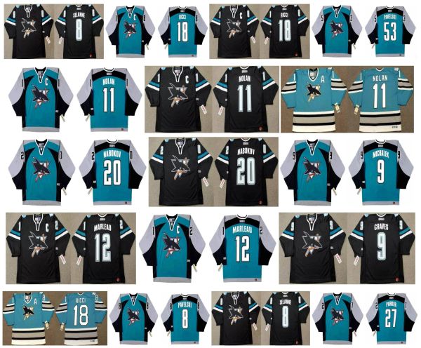 Jersey de hockey personalizado Hombres Mujeres Jóvenes Vintage San Jose Sharks Jersey 11 Owen Nolan 53 Joe Pavelski 27 SCOTT PARKER 20 EVGENI NABOKOV Michalek 12 PATRICK MARLEAU