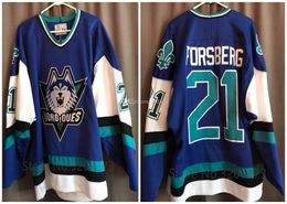 Maillot de hockey personnalisé Hommes Jeunes Femmes Vintage blanc bleu Nordiques PETER FORSBERG 19 Joe Sakic High School Taille S-6XL ou n'importe quel maillot avec nom et numéro