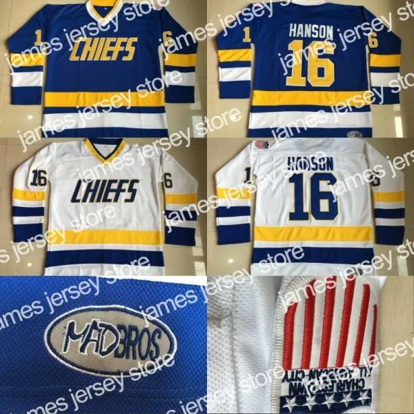 Maillots de hockey personnalisés hommes # 16 Jack Hanson Maillot des Chiefs de Charlestown 17 Steve Hanson 18 Jeff Hanson Brother Slap Shot Movie Hockey Jersey Sti