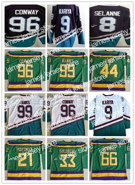 Jerseys de hockey personalizado Vintage The Mighty Ducks of Anaheim Movie 96 Charlie Conway Hockey 8 Teemu Selanne 9 Paul Kariya 99 Banks 44 Reed 21 P
