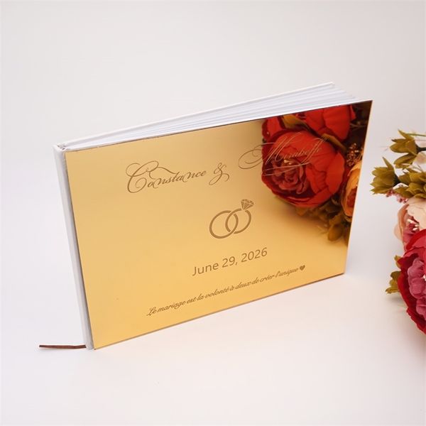 Livre d'enregistrement horizontal personnalisé personnalisé acrylique miroir diamant Double anneaux Design couverture mariage Signature livre d'or 220630