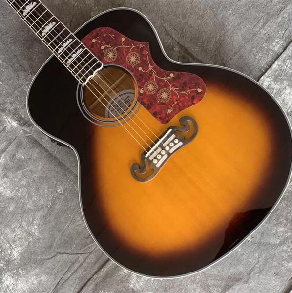 Guitare électrique acoustique personnalisée Humming 200 Tobacco Sunburst, table en épicéa, face arrière en érable, micros Fishman Presys de Chine à pan coupé unique, accordeurs Grover, matériel doré