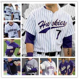 Aangepaste Huskies NCAA Baseball Wit Purple Zwart Stikte elke getalnaam Jonathan Schiffer Christian Jones Jersey