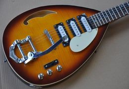 Custom Hutchins Brian Jones Vox jaren 1960 PGW Teardrop Flame Maple Top Sunburst Hollow Body elektrische gitaar Single Hole Bigs staartstuk4057048