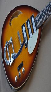 Aangepaste hutchins Brian Jones Vox 1960s PGW Teadrop Flame Maple Top Sunburst Hollow Body Electric Guitar Single Hole Bigs Tailpiece6382081