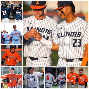 Custom Illinois Fighting Illini Baseball Jersey 19 KOREY BUNSELMEYER 20 JOE GLASSEY 21 REAGAN REEDER 23 REED GANNON 25 CAMERON CHEE-ALOY 26 GABE HELDER allemaal gestikt