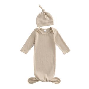 Aangepaste baby herfst lange mouw jurk biologisch katoenen slaapzak baby geknoopt met hoed