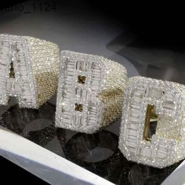 Anillos de moissanita ABC con inicial personalizada, Plata 925 VVS Baguette Moissanite, anillos de campeonato con nombre de letra de Hip-Hop para hombres