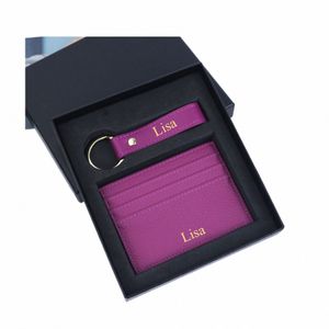 Boîte à cadeaux Initiales personnalisées Portefeuille de clés de carte en cuir authentique pour hommes Femmes Femmes Multi-carte Carte Holder Simple Style 60df #