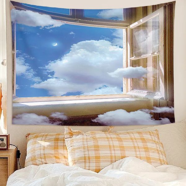 Tapisserie murale personnalisée Ins, fond de fenêtre de coucher de soleil chaud, Simple et moderne, affiche en tissu pour chambre à coucher, décorations de chambre en tissu pour filles 240322