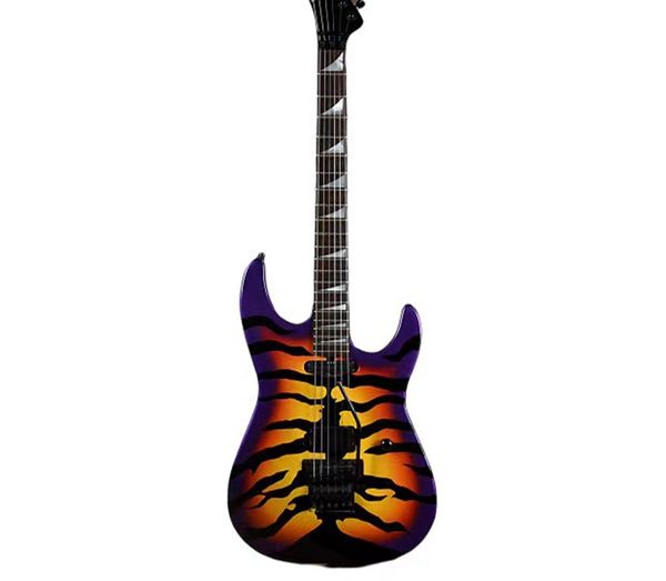 Guitare électrique Japon George Lynch Tiger Stripe Sunburst Violet Rouge Jaune Touche ébène, incrustation de points, pont Floyd Rose Tremolo, barre Whammy, matériel noir