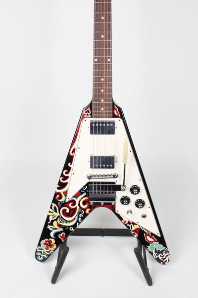 Jimi Hendrix psychédélique peint à la main noir Flying V guitare électrique maestro cordier vibrato, matériel chromé, accordeurs Tuilp, incrustation de points, pickguard blanc