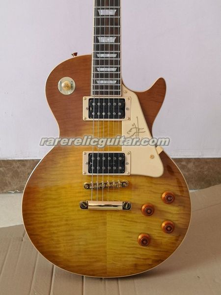 Custom Jimmy Page Tobacco Sunburst Greeny Tiger Flame Top 59 Guitarra eléctrica Grover Tuners Crema Signature Pickguard Maghonay Body Gold Hardware