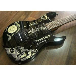 Aangepaste KH Ouija Black Kirk Hammett Signature elektrische gitaar Reverse Headstock Floyd Rose Tremolo Locking Nut Extra Jumbo Frets