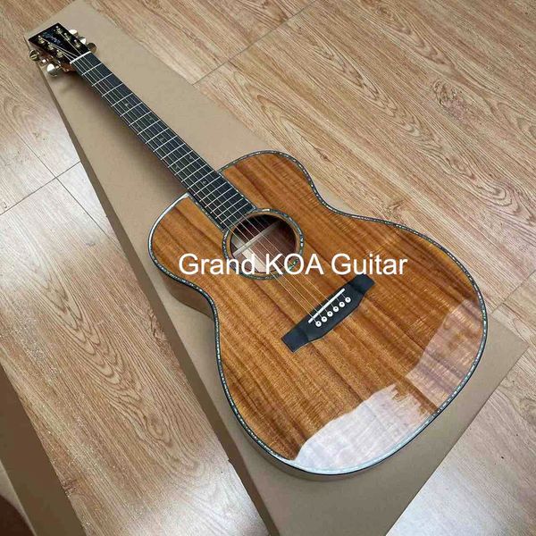 Guitare KOA personnalisée solide, corps OM en ébène, 40 pouces, reliure en ormeau véritable, guitare électrique acoustique