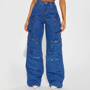 Pantalon Baggy personnalisé pour femmes, taille haute, jean en Denim de poche à la mode, pantalon Cargo surdimensionné pour femmes