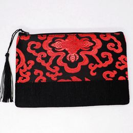 Personnalisé dernier Rectangle grand tissu fermeture éclair pochette chinois soie brocart sac femmes porte-monnaie bijoux cosmétiques pochettes de rangement gland fermeture éclair sacs à main 50 pcs/lot