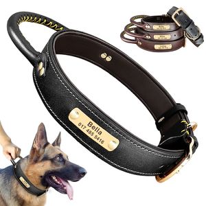 Custom Leather Personalized ID Tag Free Engraved Nameplate Pet Collars With Handle For Medium Large Dogs 220622