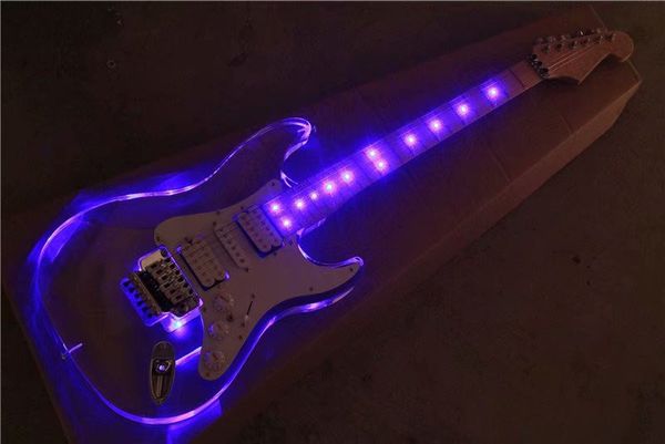 Guitare électrique à corps en acrylique léger à LED personnalisée avec pont Floyd Rose, micros HSH, peut être personnalisée