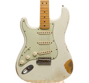 Guitare électrique gaucher personnalisée, guitare étoile, corps classique à effet vinatge blanc, manche en érable jaune, pickguard vert crème 3794887