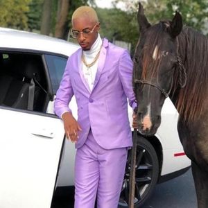 Traje de hombre de satén brillante púrpura claro personalizado con un solo botón, traje de novio para boda, vestido ajustado, chaqueta de diseño de esmoquin para cena de graduación pan210Y