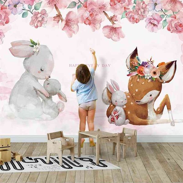 Personnalisé Salon Enfants Chambre Animal Po Décoration Murale Peinture Dessin Animé Floral Lapin Murale Papier Peint Pour Chambre D'enfants 210722