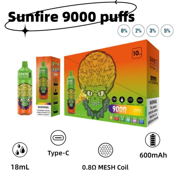 Sunfire Disposable 9000 Puff Vape E-cigarettes 0% 2% 3% 5% Vaporisateur Mesh Coil Vaporisateur Pennes Puffes Pantes préfabillé