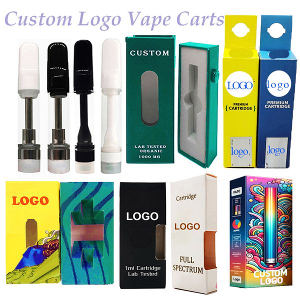 Atomiseurs de logo personnalisé 1 ml 0,8 ml 0,5 ml Cartouches de vape en métal doré personnalisées Emballage de gousses d'huile épaisses E-cigarette Chariots de bobine en céramique vides Boîtes d'atomiseur à fil 510