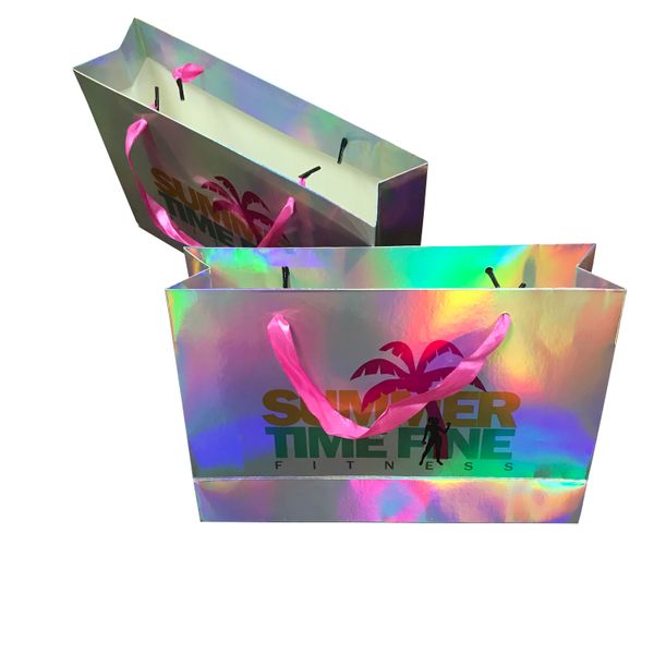 Bolsa de papel de compras con brillo brillante efecto holograma con diseño de logotipo personalizado