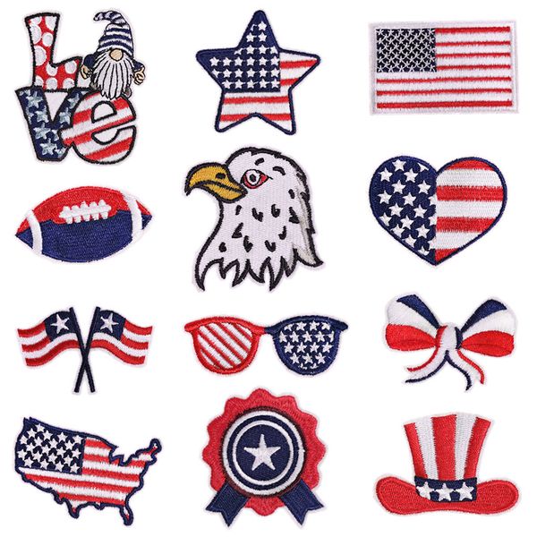 Logotipo personalizado DIY Bandera de EE. UU. Mapa de béisbol Estrella Corazón Amor Gafas Parches bordados Hierro en América Pegatinas del Día de la Independencia Insignia de rayas