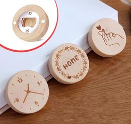 Aangepaste logo gegraveerde lege diy houten ronde vorm fles opener coaster koelkast magneet decoratie bierflesopeners DLH890