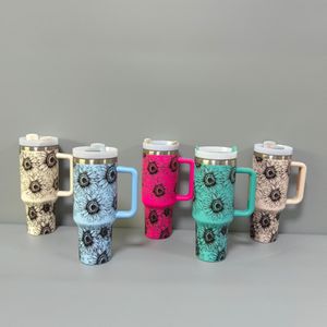 Aangepast logo H2.0 40oz Zonnebloem Print Poeder gecoate Tumbler BPA Gratis roestvrijstalen geïsoleerde reismix Kleurbeker met rietjes en verwijderbare handgreep, verkocht per geval