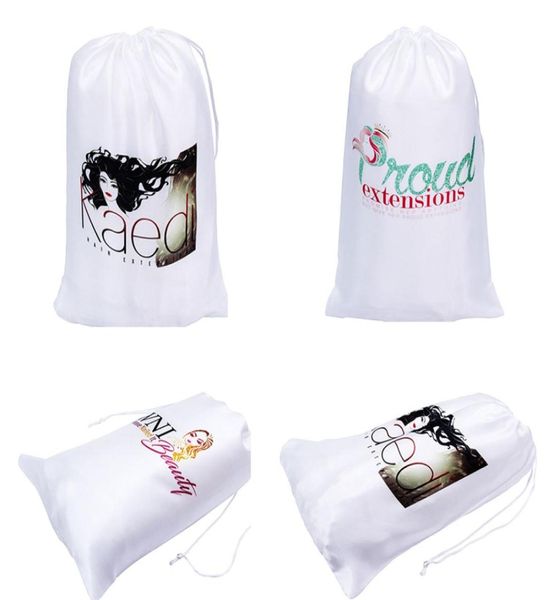 Logotipo personalizado impreso, 50 unidades, bolsas blancas de seda satinada de poliéster, bolsas para el cabello con cordón, embalaje para extensiones de cabello, embalaje 3898732