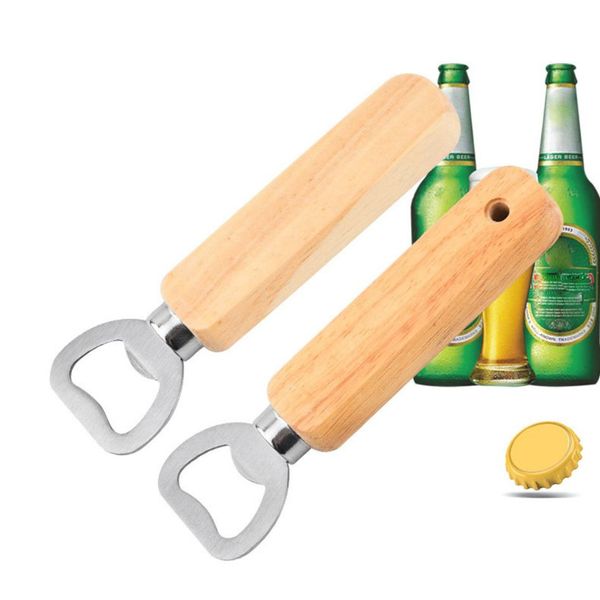 Abridores de cerveza de madera de acero inoxidable con logotipo personalizado Abridor de botellas con mango de madera al por mayor RRA