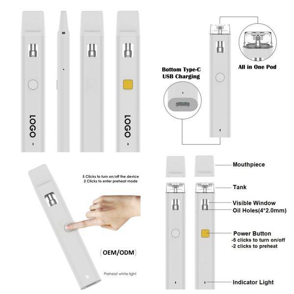 Vaporisateur de logo personnalisé 1 ml 2 ml Pentes à vape jetable Appareil vide Huile épaisse 300mAh Kits de vape de batterie Pods Visual Tank Pods Céramique Bobine vide 510 CARTRIDE ÉQUIPEMENT