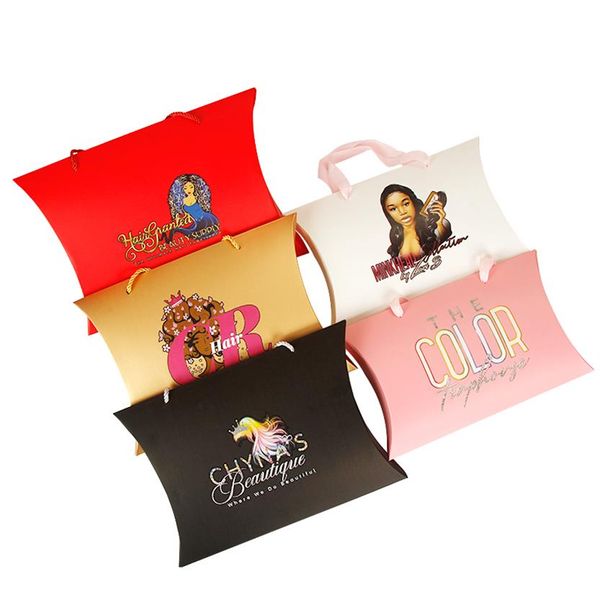 Paquetes de extensiones de cabello virgen humano con logotipo personalizado para mujer, cajas de almohada de papel, cajas de embalaje para el cabello personalizables, 262M