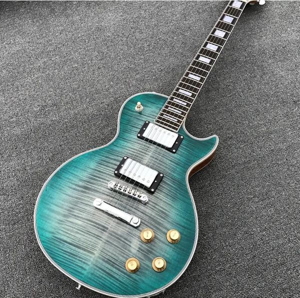 Guitare électrique LP personnalisée, dessus en érable flamme bleu-vert, une pièce, manche en acajou, Contour du talon, livraison gratuite