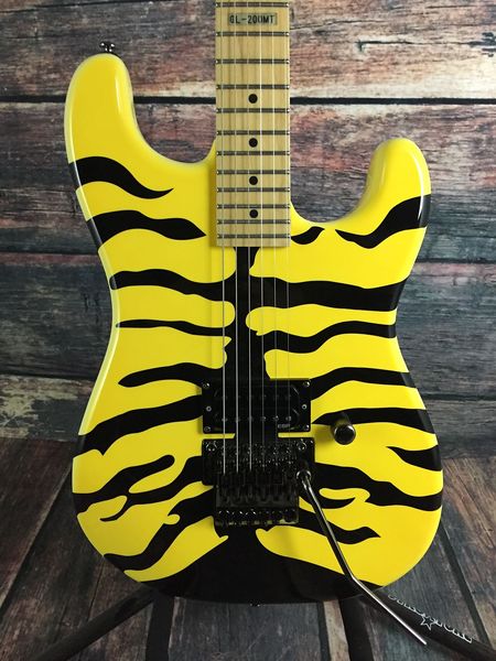 Custom Ltd Japan George Lynch Gl-200mt Stripe Tigre Stripe Jaune Électrique Electric Guitar Dot Inlay, Flyod Rose Tremolo Ecrou de verrouillage, Matériel noir