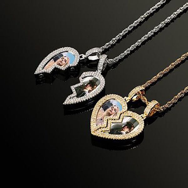 Collier avec pendentif Po demi-cœur sur mesure, 1 paire, pour hommes et femmes, cadeau de saint-valentin, breloque en zircone cubique, bijoux Hip Hop 222y