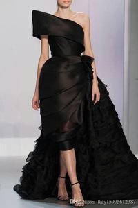 Robe de soirée asymétrique noire sur mesure, asymétrique épaule dénudée, à volants, robe formelle arabe, nouvelle collection 2019, 056