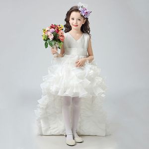 Custom Made Tailed Pure Girl's Pageant Jurken Color Girl Stage -jurken en trailing Tail Host Lace Bow Princess -jurken