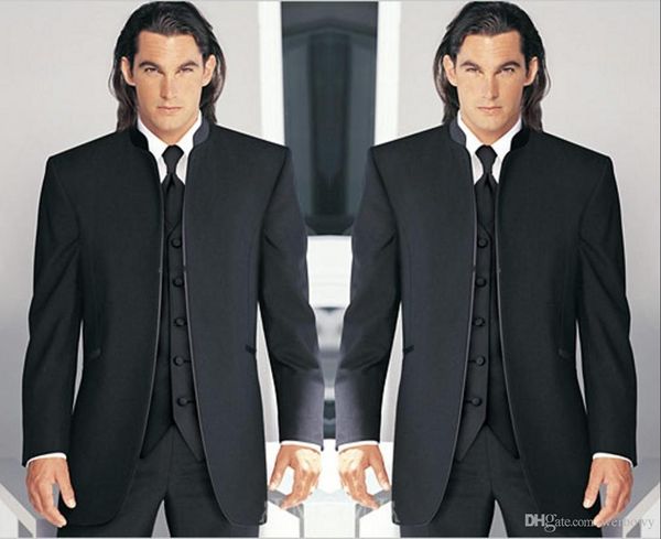 Tuxedos de marié noir sur mesure, revers Mandarin, meilleur homme, costumes de mariage pour marié (veste + pantalon + cravate + gilet)